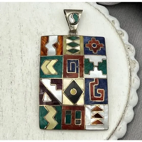 Peruvian 950 Mixed Semi-precious Gemstone Inlay Mosaic pendant 21.18G/2.5in - Picture 1 of 6